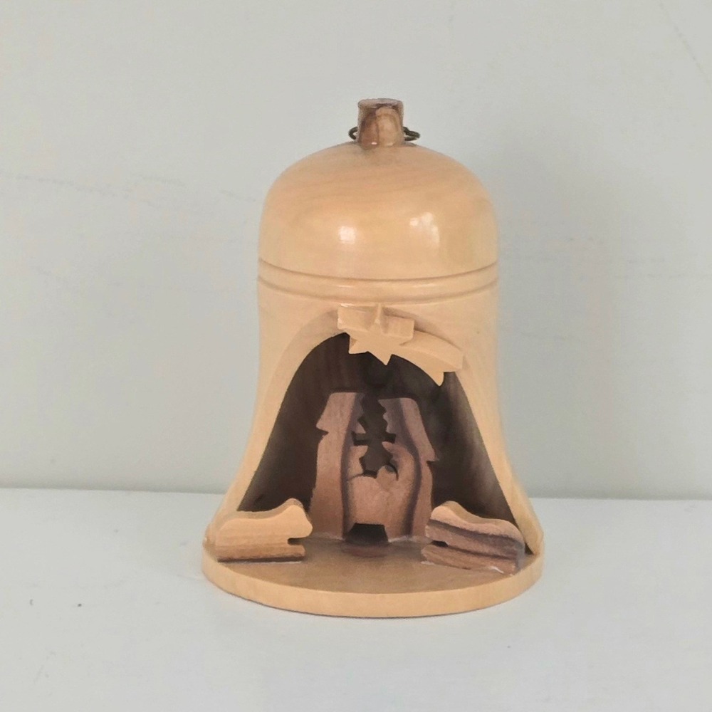 Handmade Olive Wood Nativity Scene‎ Bell Ornament Carved Christmas Decoration